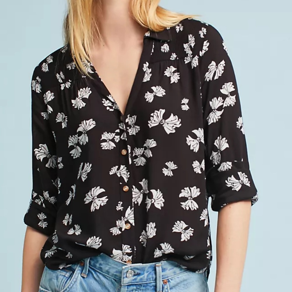 Anthropologie Maeve Emory Black Floral Blouse button‎ down size ladies 2